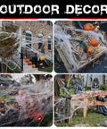 Premium Super Stretchy Halloween Spider Webs Covering 1400 Square Feet With 150 Extra Fake Spiders adorning outdoor decor with pumpkins and spooky accents.
