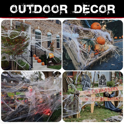1000 Square Feet Spider Web Halloween Decor with 30 Fake Spiders White Cobweb Mesh on porch with pumpkins and props.