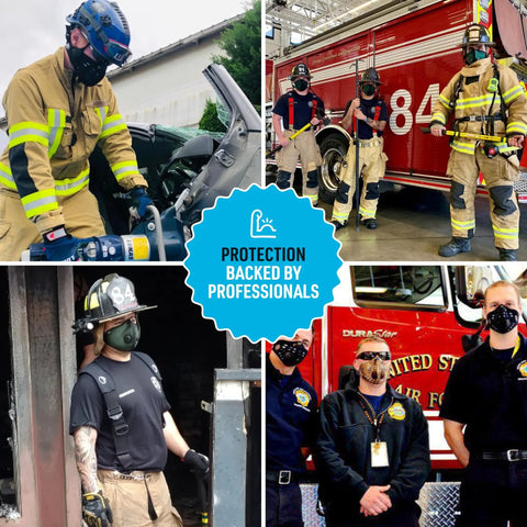 Firefighters wearing masks, featuring F1 Standard Replacement Filters Three Pack For Mask With 99.9 Percent Active Carbon Filtration.