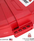 Close-up of red Gate Valve Lockout Kit for 10 to 13 inch valve handles, showing heavy-duty impact-resistant material with logo.