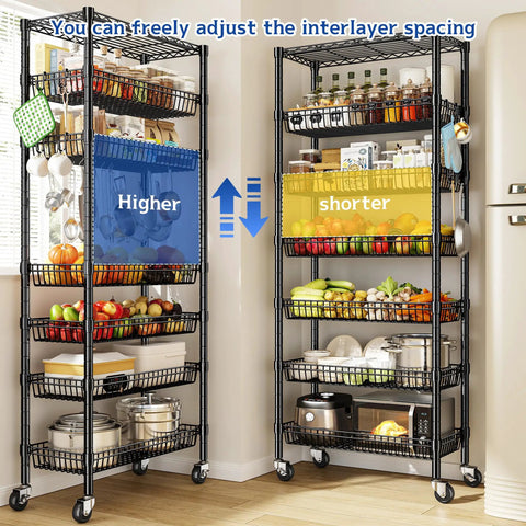 Ultra Sturdy 7 Tier Wire Shelving Unit With Basket Shelf And Wheels For Pantry Kitchen Or Office Storage Adjustable Shelves Waterproof And Rust Proof Metal Four Side Hooks For Ladles Towels And More 72 Inch Tall, adjustable basket shelves