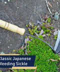 Nejiri Kama Weeding Sickle Tool with wooden handle, razor-sharp 4 inch drop forged blade for quick weed removal on soil surface.