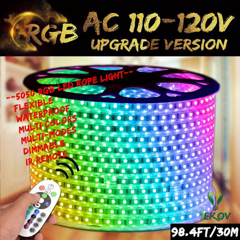 Rgb Led Strip Light With Remote 110V To 120V Waterproof Flexible 30m Smd5050 Rope Light Multi Color And Modes Dimmable