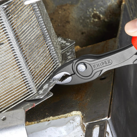 8 Inch Comfort Grip Pliers With Front And Side Gripping For Stripped Screws And Round, Square, And Hex Materials in use on metal surface