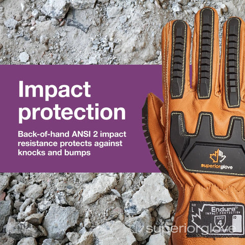 Endura Impact Leather Work Gloves With Water Resistance And Padded Palms provide back-of-hand protection on rocky surface