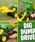 Motorized Dig Rig 2 In 1 Toy Dump Truck And Front Loader with Realistic Lights and Sounds Dual Joystick for Kids 3 Plus