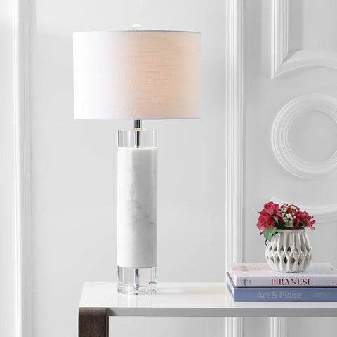 32 Inch White Marble And Crystal LED Table Lamp With Linen Shade on modern table