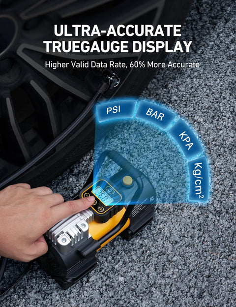 Person using Portable Tire Inflator Air Compressor For Car And Bike 12V DC Digital Gauge Up To 150 PSI with truegauge display