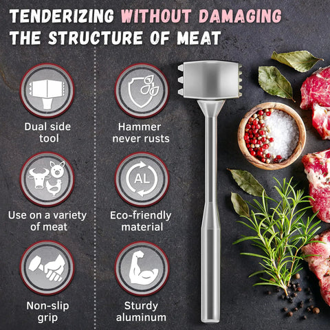 Dual-Sided Aluminum Meat Mallet Tenderizer for Steaks Veal and Chicken with ergonomic grip and non-slip handle features