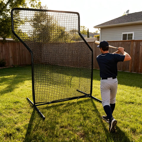 Z Screen Pitching Net 5x7 Ft Portable Baseball Backstop For Backyard And Field Training with player practicing batting.