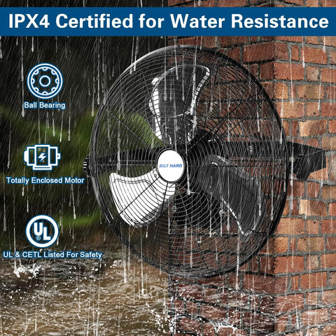 High Velocity Outdoor Wall Mount Fan 18 Inch With Three Speed Settings Max 4300 CFM Weatherproof Heavy Duty Industrial Grade Sealed Motor 2 Ft Pull Chain Ideal For Patio Garage Gazebo And Commercial Use, mounted on brick wall in rain, highlighting IPX4 water resistance certification