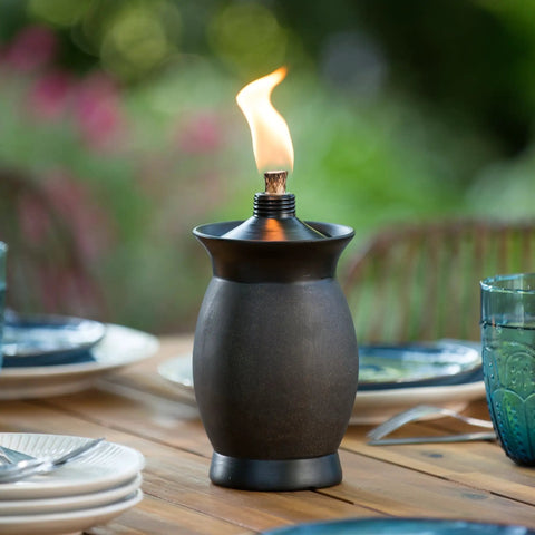 Tabletop view of Resin Jar Torch With 4-In-1 Design, 64-Inch Outdoor Torch For Patio Garden And Lawn, Weather-Resistant Stone Color