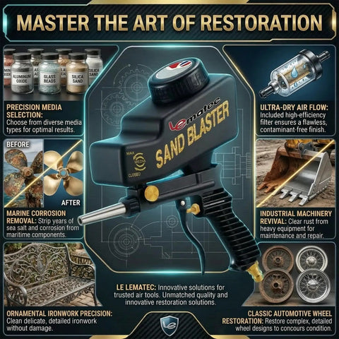 Portable Sand Blaster Gun Kit For Rust Removal Glass Etching And Paint Stripping With Gravity Feed Reservoir displayed with uses
