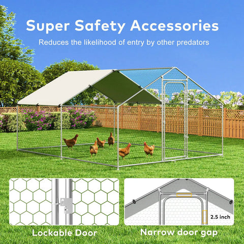 Sturdy Metal Chicken Coop With Waterproof UV Cover And Walk In Run Spire Roof Outdoor Cage For Backyard Farm Ideal For Chickens Rabbits Ducks Rust Resistant Steel Frame 10 Ft Wide By 13.2 Ft Long By 6.4 Ft High with lockable door and narrow gap