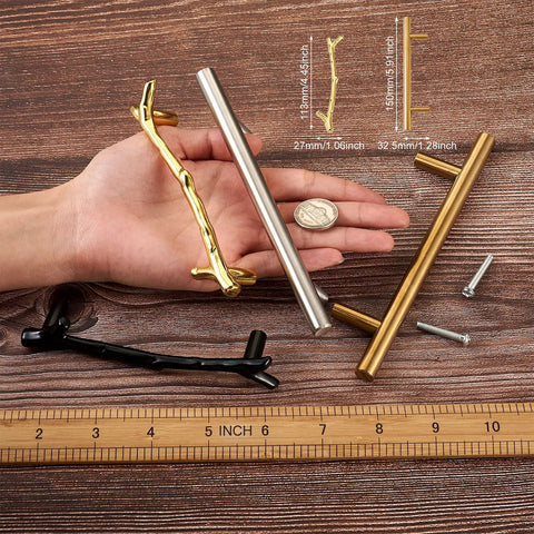 24 PC Resin Tray Handle Set For DIY Cabinets And Drawers showcasing T-bar and brunch pulls in gold, stainless, and black with size reference.