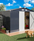 Heavy Duty Outdoor Tool Shed With Lockable Doors And Breathable Vent, 10x8 Ft Metal Garden Storage, dark blue in backyard