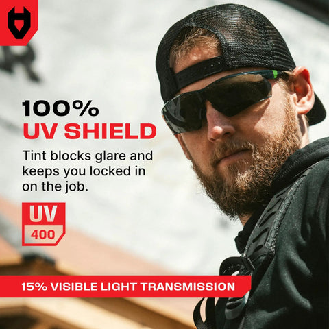 Built Tough Safety Glasses With Anti Fog Wrap Around Lenses And Scratch Beater Coating Plus Grip Lock Temples And Genuine Uv Blocking For Your Daily Grind In Black Green Tinted 10 Pack on a user blocking glare.