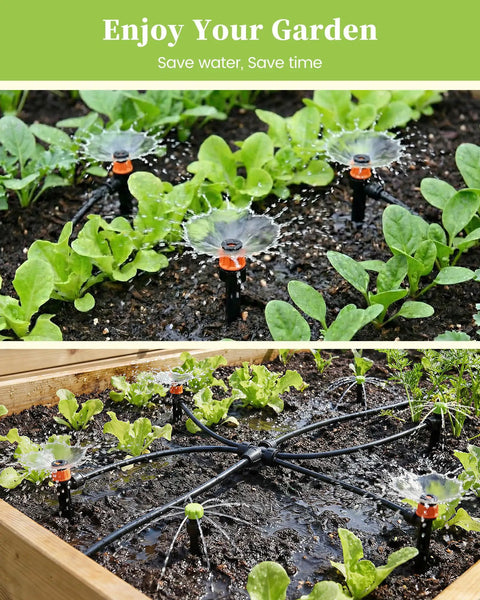 Drip Irrigation System With Quick Connect Garden Watering Kit Featuring Two Adjustable Emitters in a garden bed