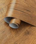 Wood Look Peel And Stick Contact Paper For Desk And Computer Table DIY Easy Install Self Removable Waterproof Vinyl Distressed Vintage Wood Wallpaper 24 Inch By 197 Inch Roll showing close-up view of rolled edges and wood texture