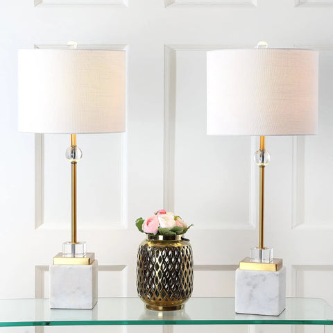 30 Inch White Marble And Brass Gold LED Table Lamp Set Of 2 Modern Glam Crystal Pedestal Lamps For Living Room Or Bedroom White Linen Shade Energy Efficient LED Bulbs Included on a glass table.