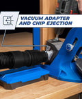 Vacuum adapter and chip ejection on Pocket-Hole Jig 720PRO With Easy Clamping And Adjustable Setup Includes Durable Pocket-Hole Screws For Materials From Half Inch To One And Half Inch Thick A Fast Simple Pro Grade Woodworking Tool For Quick Strong Joints.