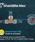 Three Quarter Inch Push-To-Connect Brass Tee Fitting For PEX Copper CPVC PE-RT HDPE Pipes with SharkBite branding