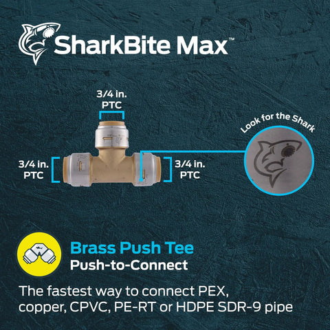 Three Quarter Inch Push-To-Connect Brass Tee Fitting For PEX Copper CPVC PE-RT HDPE Pipes with SharkBite branding
