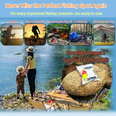 Grab And Go Ultra Compact Survival Fishing Kit For Outdoor Adventures Emergency Gear next to family at lake