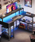 47 Inch L Shaped Gaming Desk With LED Lights And Power Outlets, Reversible Computer Desk With Shelves And Monitor Stand, Black