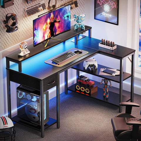 47 Inch L Shaped Gaming Desk With LED Lights And Power Outlets, Reversible Computer Desk With Shelves And Monitor Stand, Black