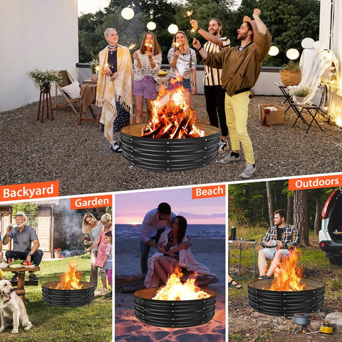 48 Inch Round Galvanized Fire Pit Ring Foldable For Backyard Hangouts And Campfires with people enjoying a fire