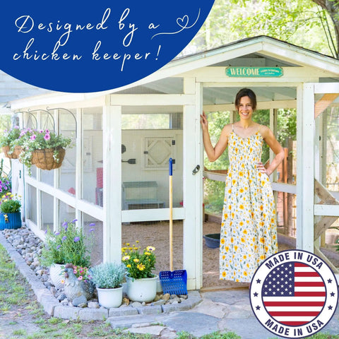 Two In One Chicken Poop Scooper And Rake For Coop Cleanup displayed outside a chicken coop with MADE IN USA label and a woman nearby.