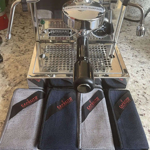 Barista Microfiber Cloths 4 Pack For Espresso Machines And Coffee Stations Pro Grade Cleaning Towels in grey and black