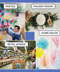 Collage of uses for decor products including parties, holiday decor, home decor, and retail stores.