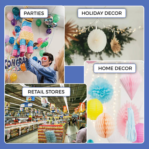 Collage of uses for decor products including parties, holiday decor, home decor, and retail stores.