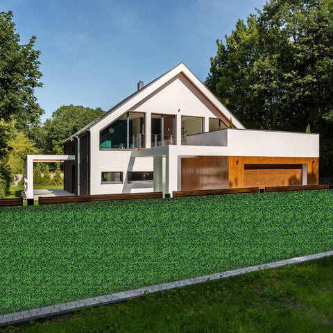 Thick 2 Inch Boxwood Hedge Panels 12 Pack 10x10 Inch Artificial Grass Wall Backdrop on modern house fence
