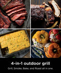 Four dishes showcasing the versatility of Woodfire Outdoor Grill And Smoker With Four In One Functionality For Real Woodfire Flavor And Sear Crave Ready Backyard Grilling Bake And Roast All In One Electric Heat OG301.