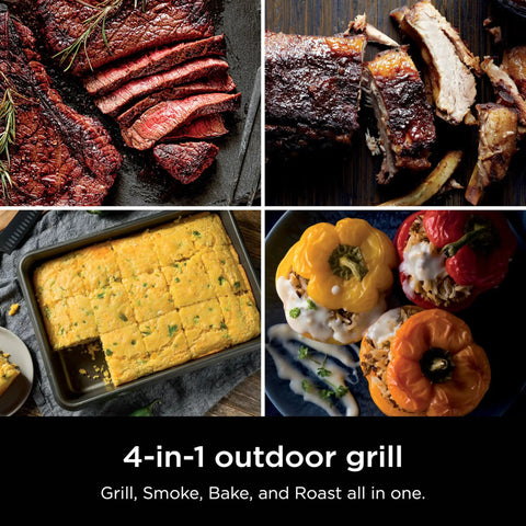 Four dishes showcasing the versatility of Woodfire Outdoor Grill And Smoker With Four In One Functionality For Real Woodfire Flavor And Sear Crave Ready Backyard Grilling Bake And Roast All In One Electric Heat OG301.
