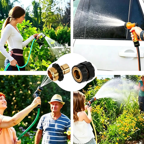 Heavy Duty 3/4 Inch Garden Hose Quick Connector With Armor Grip Built Tough, Universal Hose Connector in use and close-up
