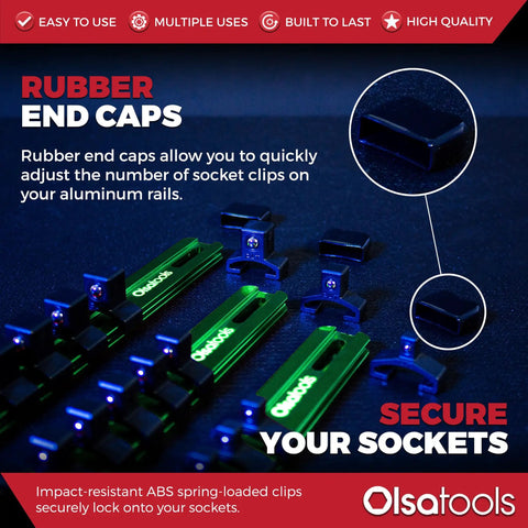 Aluminum Socket Organizer Rail Set For 1/2, 3/8, And 1/4 Drives - Green with rubber end caps and securing clips.