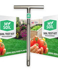 Soil Test Kit Pro Pack Complete Nutrient And pH Analysis With Tailored Recommendations For Your Lawn And Garden Includes 2 Test Kits And 1 Soil Probe For Peak Growth. Image showing two Soil Test Kit boxes and a metal soil probe.