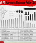46-piece Harmonic Balancer Puller Set with yoke, screws, bolts, washers visible; includes automotive pulley puller and crank puller kit
