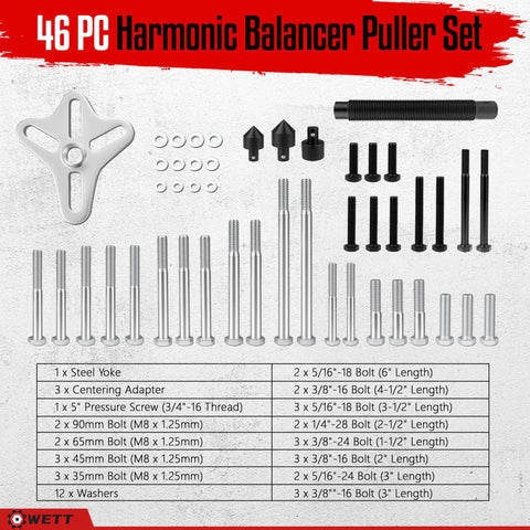46-piece Harmonic Balancer Puller Set with yoke, screws, bolts, washers visible; includes automotive pulley puller and crank puller kit