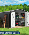 10x10 Foot Storage Shed For Backyard And Garden, Metal Tool Shed With Lockable Doors And Upgraded Frame For Easy Assembly, Outdoor Weather Resistant Storage For Patio Lawn And Garden, Grey with open doors displaying lawn equipment and tools.