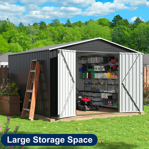 10x10 Foot Storage Shed For Backyard And Garden, Metal Tool Shed With Lockable Doors And Upgraded Frame For Easy Assembly, Outdoor Weather Resistant Storage For Patio Lawn And Garden, Grey with open doors displaying lawn equipment and tools.