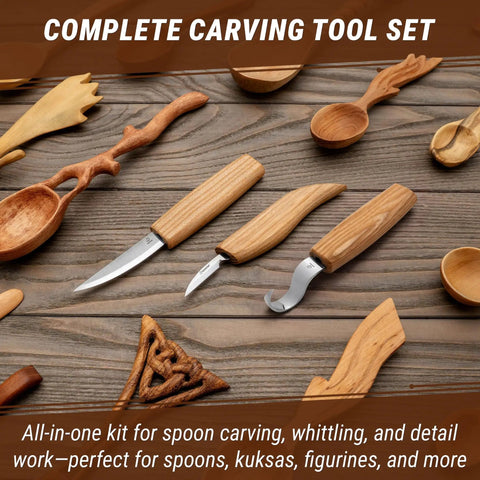 Hella Sharp And Tough Left Handed Wood Carving Knife Set Sloyd Spoon Blades Hook Whittling Tool on a wooden background