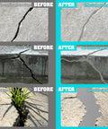 Before and after images of Tough As Nails Self Leveling Concrete Crack Filler Smooth Flow Formula for driveway and patio repair.