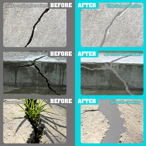 Before and after images of Tough As Nails Self Leveling Concrete Crack Filler Smooth Flow Formula for driveway and patio repair.