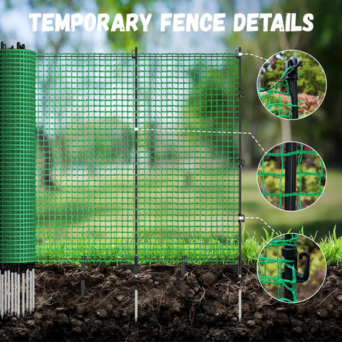 Heavy Duty 3x50 Ft Temporary Fence Kit For Backyard Pets And Poultry With 9 Fiberglass Posts, windbreak rope and ground pegs