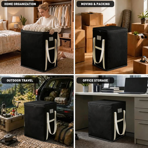 Extra Large Black Storage Bins With Heavy Duty Zipper for home organization, moving, outdoor travel, and office storage.